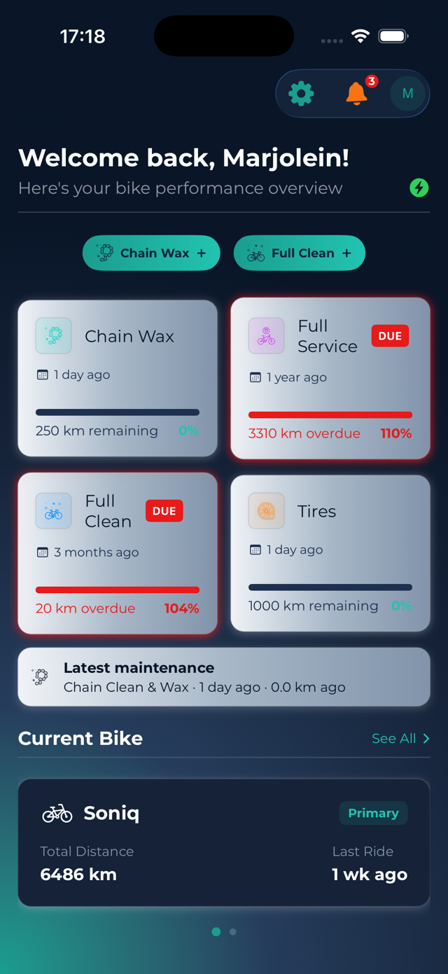 BikeManager app dashboard showing maintenance tracking
